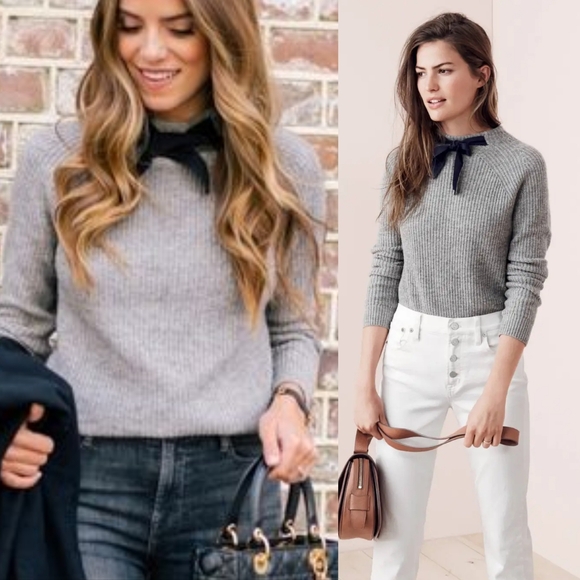 J. Crew Gayle Gray Knit Black Bow-Tie Mockneck Drop-Shoulder Pull-over Sweater - Picture 1 of 9